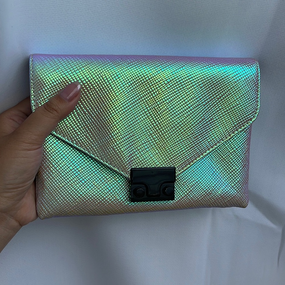Loeffler Randall holographic opal evening clutch shoulder bag purse